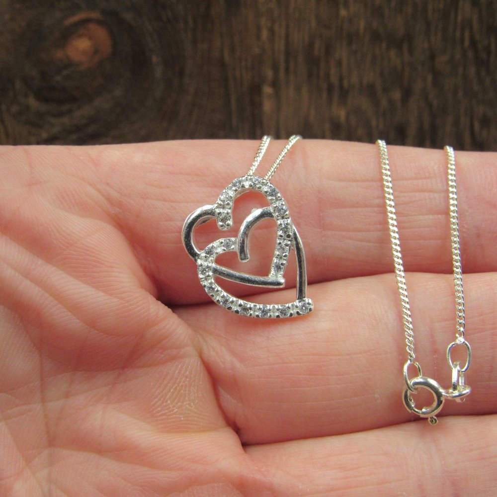 18" Sterling Silver Cubic Zirconia Double Heart Pendant Necklace Vintage - Picture 2 of 7